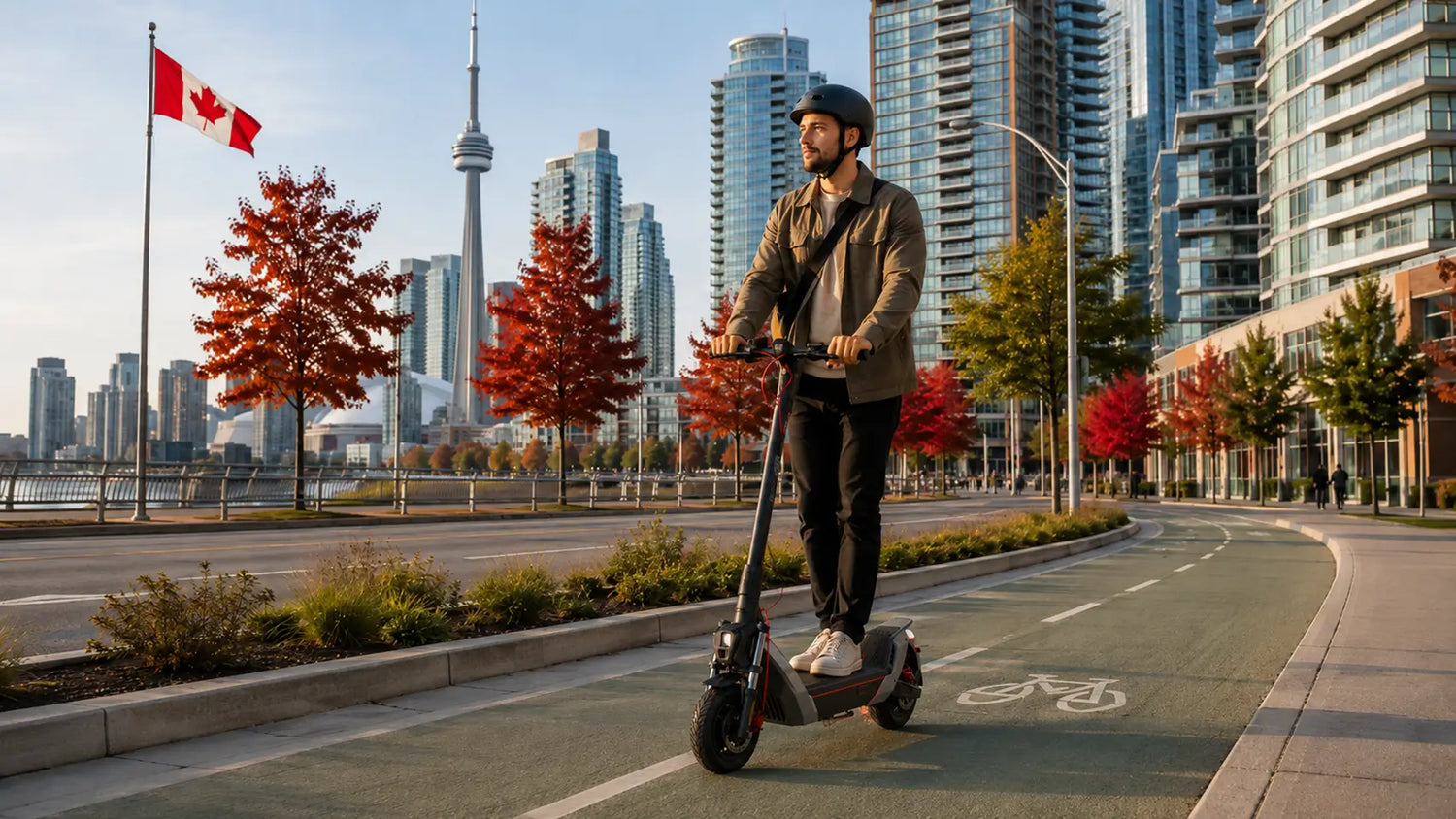Helmeted rider on an electric scooter in a Canadian bike lane