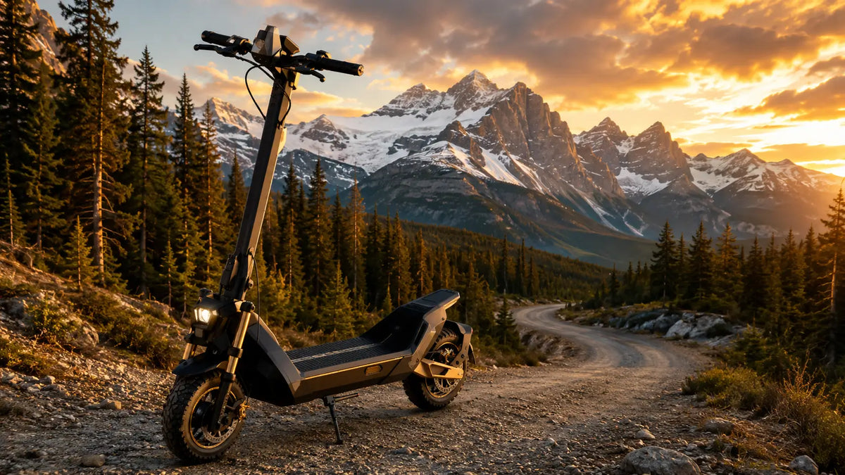 Off-road electric scooter parked on a gravel road in the Canadian Rockies at sunset.