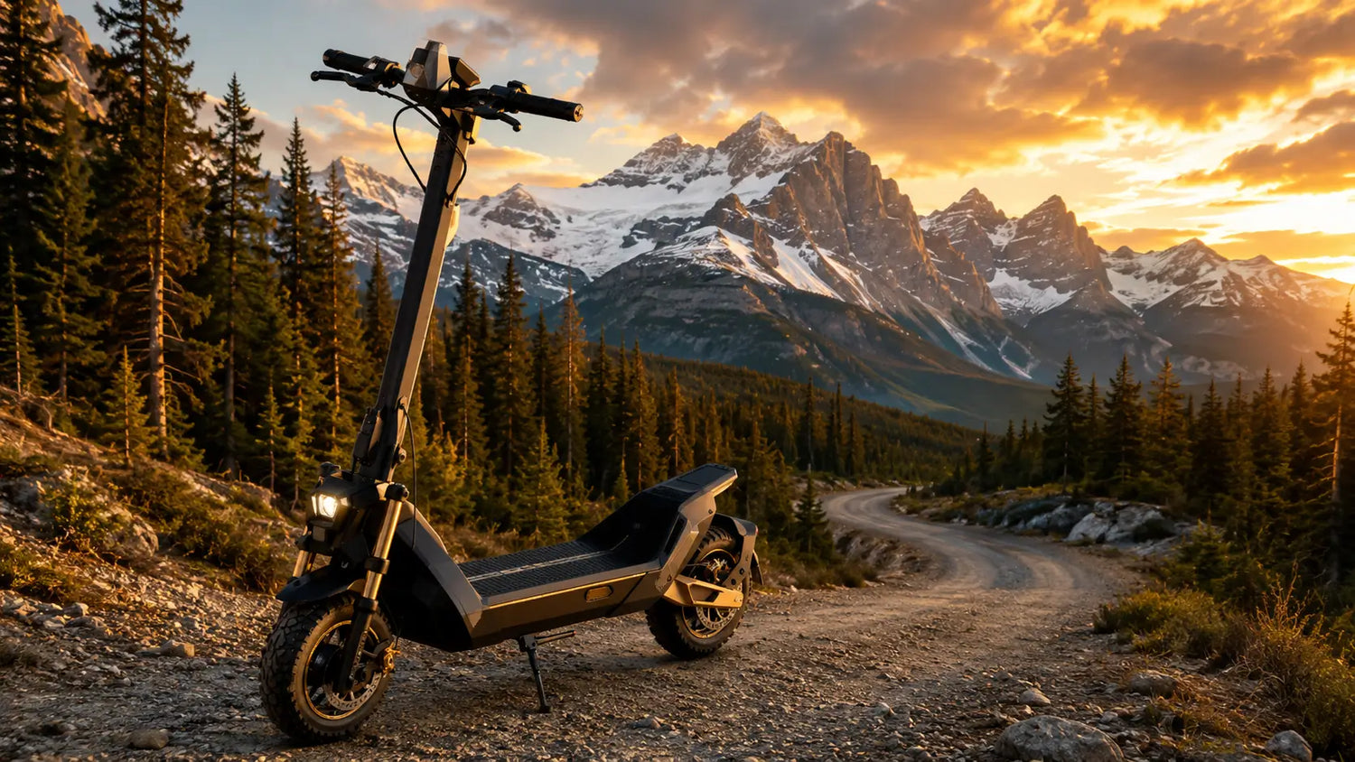 Off-road electric scooter parked on a gravel road in the Canadian Rockies at sunset.