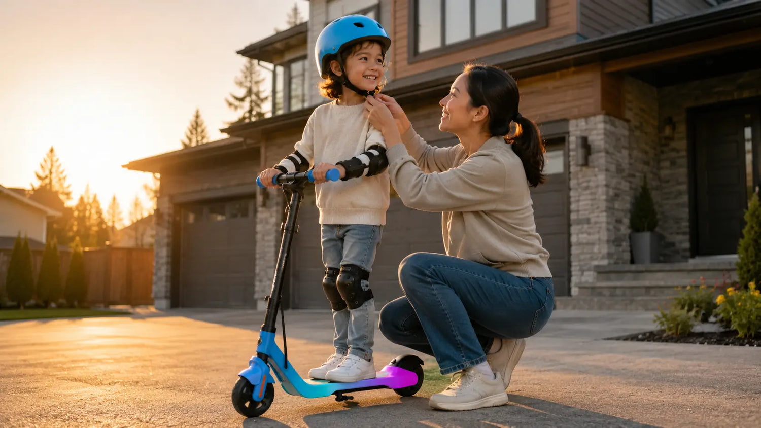 Child riding a kids electric scooter in a driveway with parent supervision.