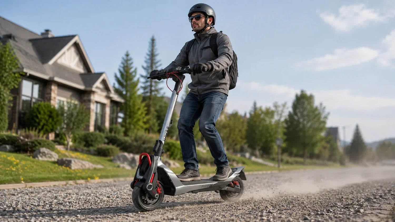 Electric scooter rider crossing a shallow rocky stream on a mountain trail
