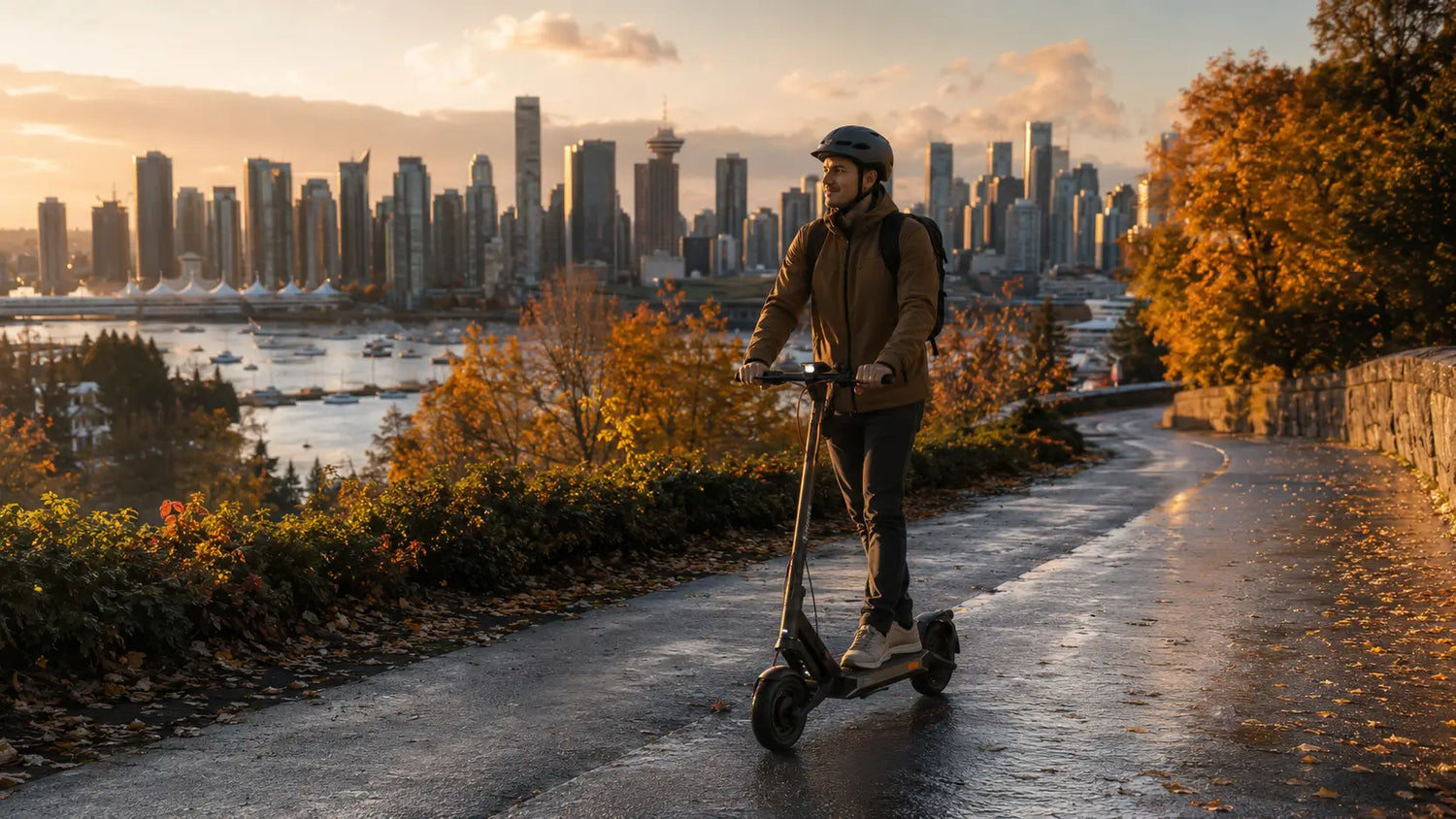 Electric scooter rider on a damp city path