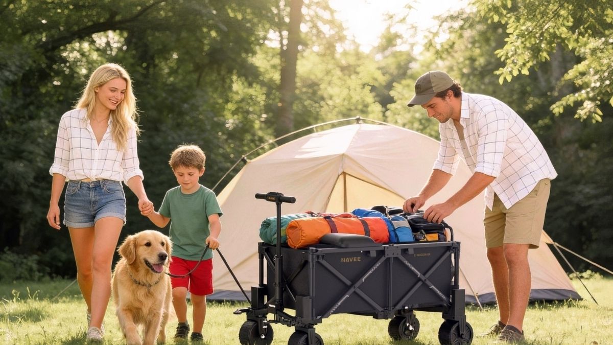 A family packing gear into a Navee e wagon 4X in front of a camping tent.