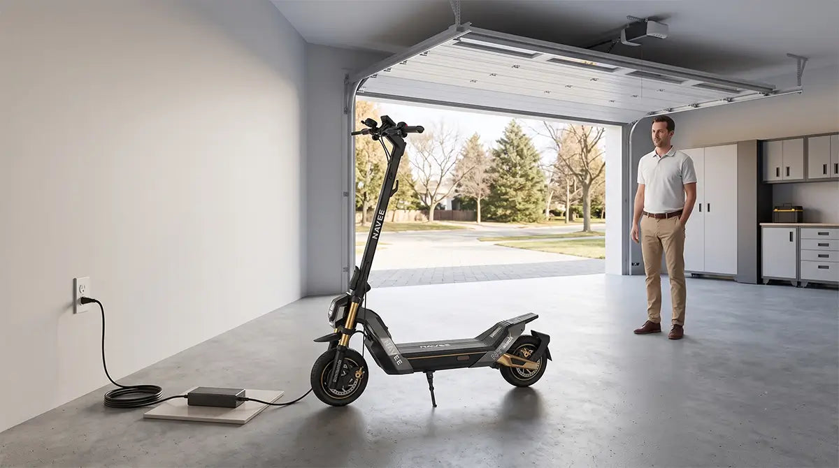 Electric scooter charging safely in a dry and ventilated area