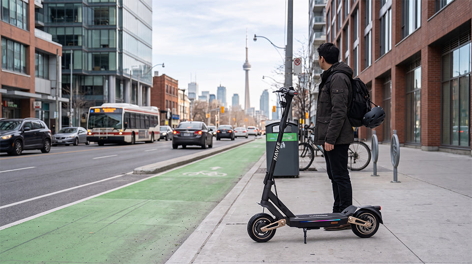 Electric scooter parked on a Toronto urban street