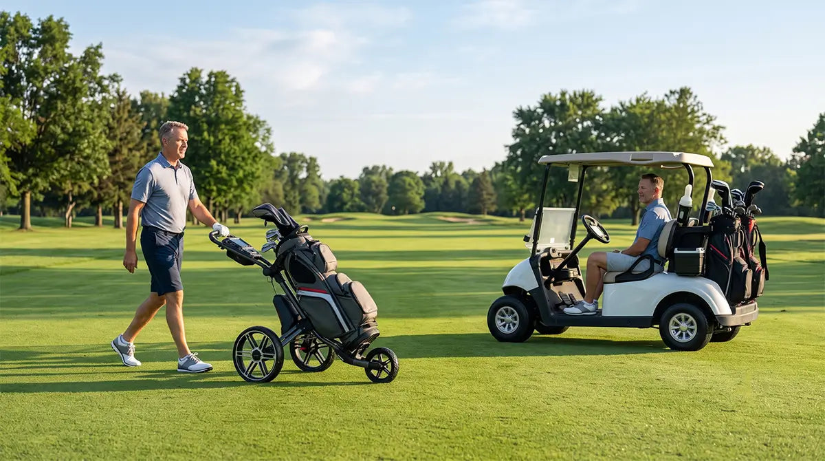Electric golf push cart compared with an electric golf cart