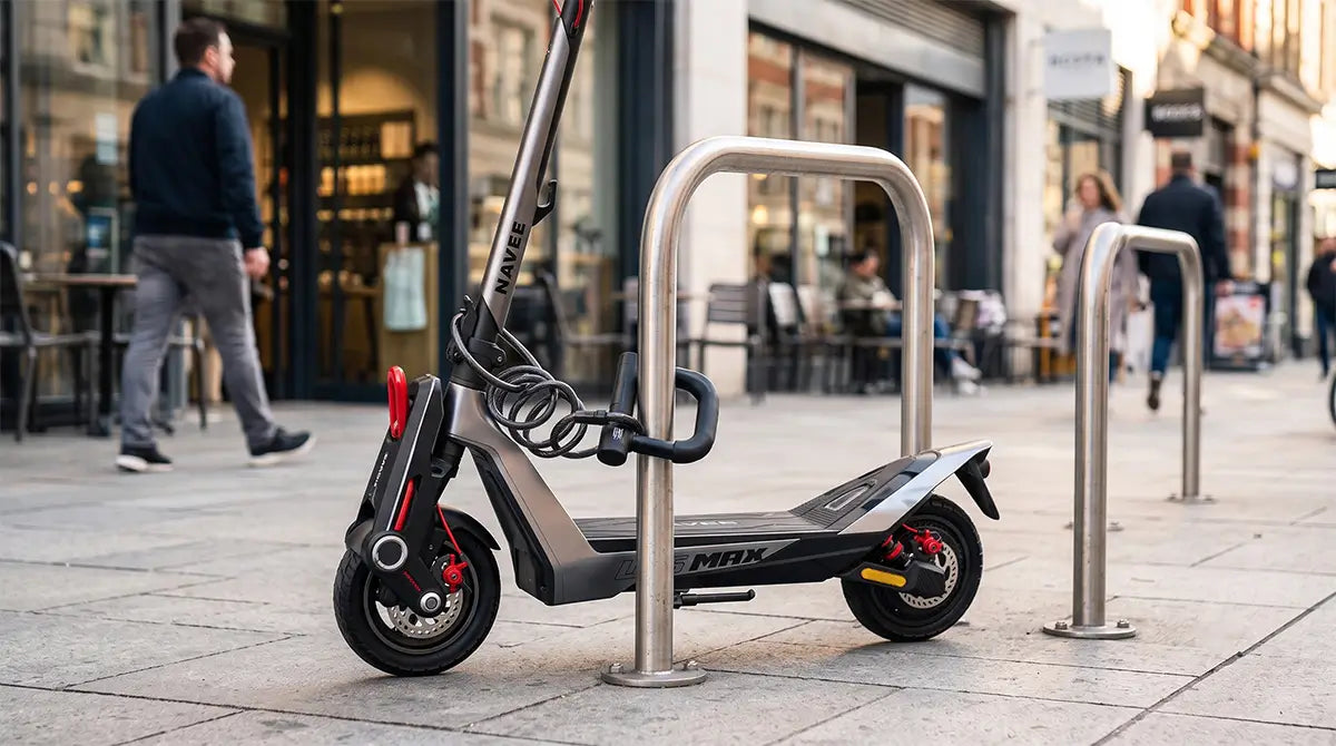Electric scooter secured to bike rack with cable lock